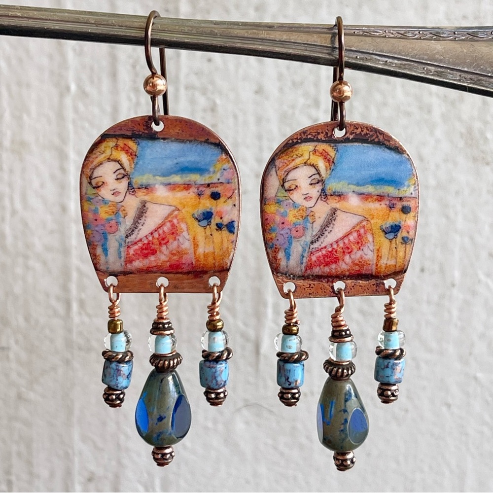 ARTISAN Earrings “Woman in a Field of Flowers” - Dangles - Picture 5 of 12